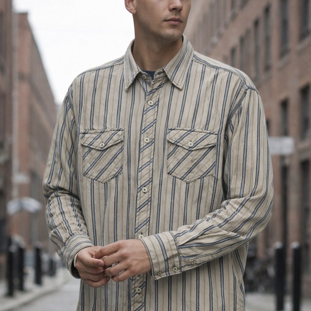 Axis Men’s Striped Button Down Shirt XL Beige Blue Western Workwear 100% Cotton